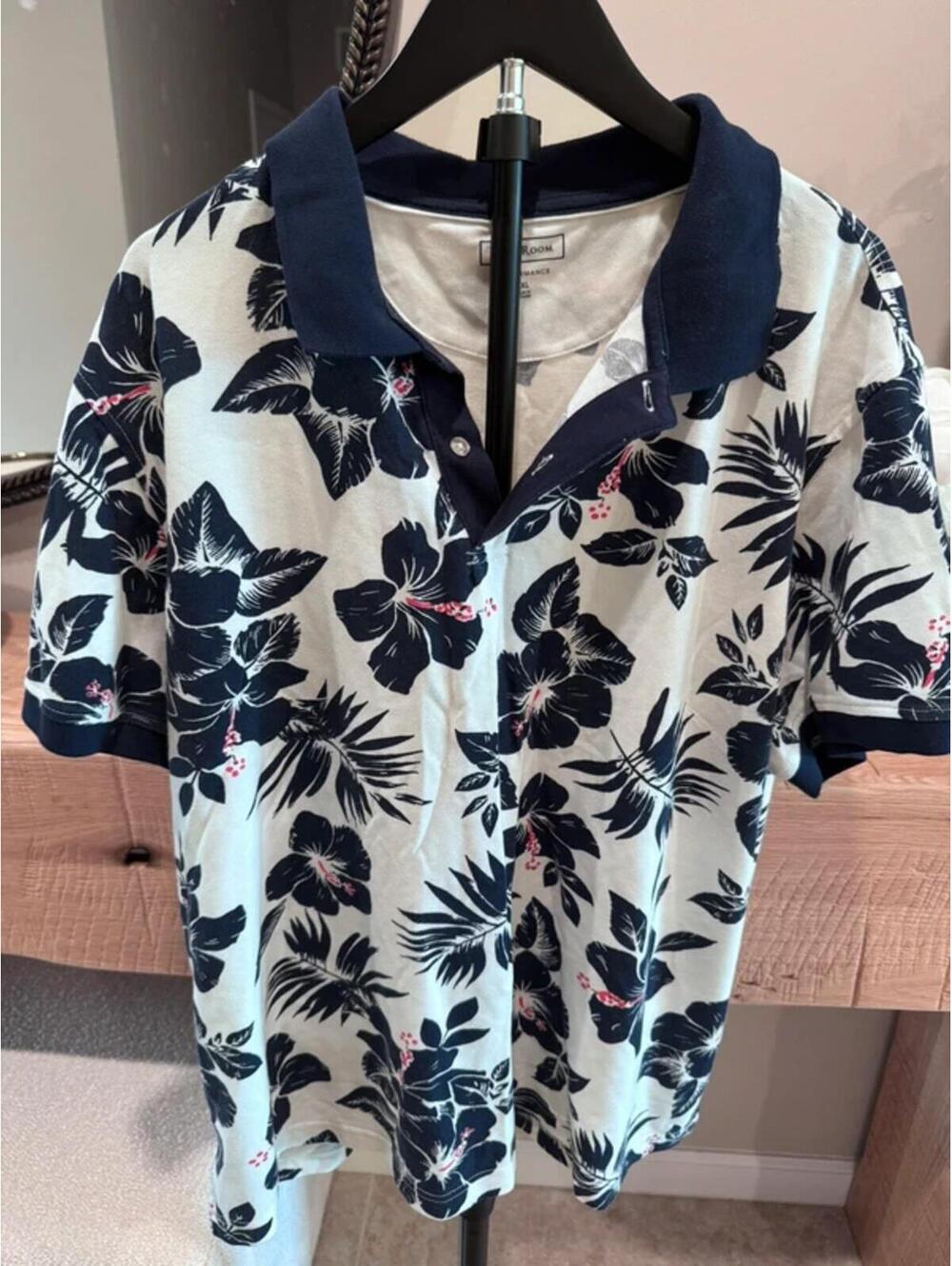 White and Navy Blue Floral Print Club Room 3XL Polo Shirt